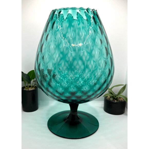 Vtg Mid Century 1960 Empoli Italy Blue Diamond Optic Extra Large Balloon Vase